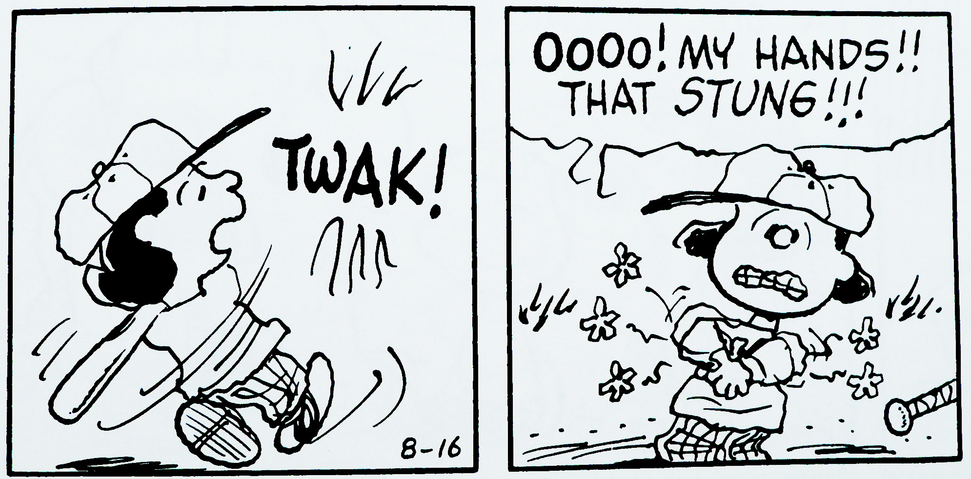 two frames from a Peanuts cartoon showing Lucy swinging a baseball bat and complaining when her hands get stung