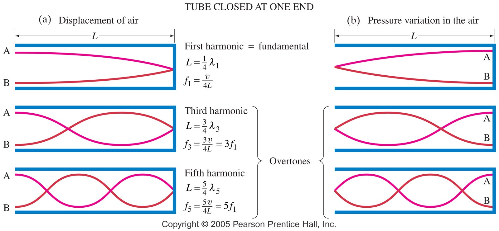 figure from Prentice Hall textbook showing the pressure and displacement plots for sound waves in an open-closed pipe